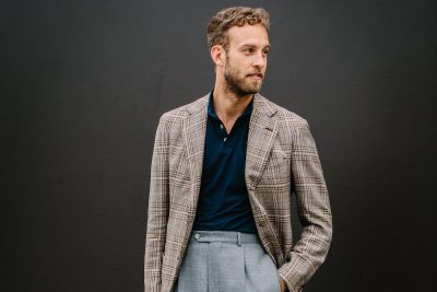 Americana marrón cuadro azul y marrón