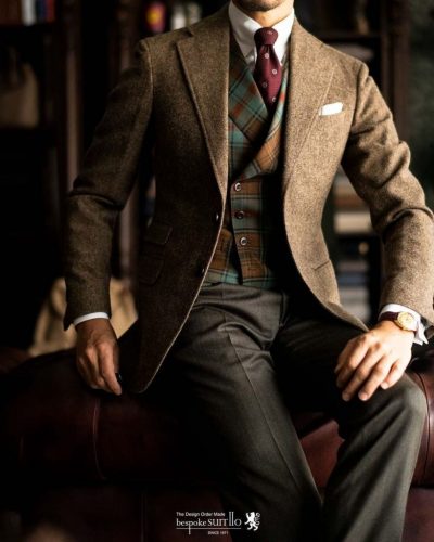 Americana marrón chaleco tartán marrón y verde W Bill