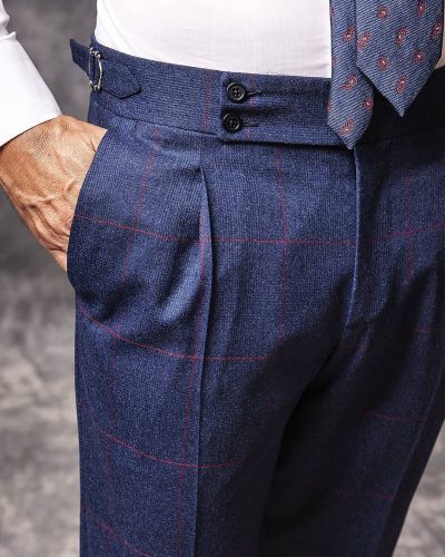 Pantalón azul cuadro cinturilla alta doble botón y ceñidor lateral