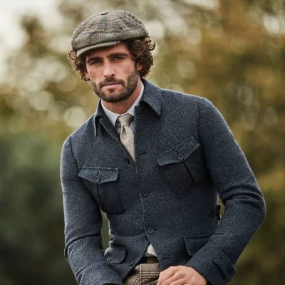 Americana informal bolsillos parche azul con gorra tweed Hunstsman